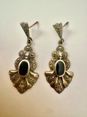 VTG Antique Art Deco Sterling Silver 925 Marcasite Pendant Onyx Drop Earrings